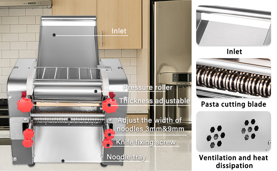 High Power Electric Commercial Spaghetti Making Machine Stainless Steel 70Lbs/H Automatic Multifunctional Pressing Noodle Machine for Pasta Dumplings Lasagna, Linguini (Noodle 3/9mm) - Commercial Using Noodel Machine - 2