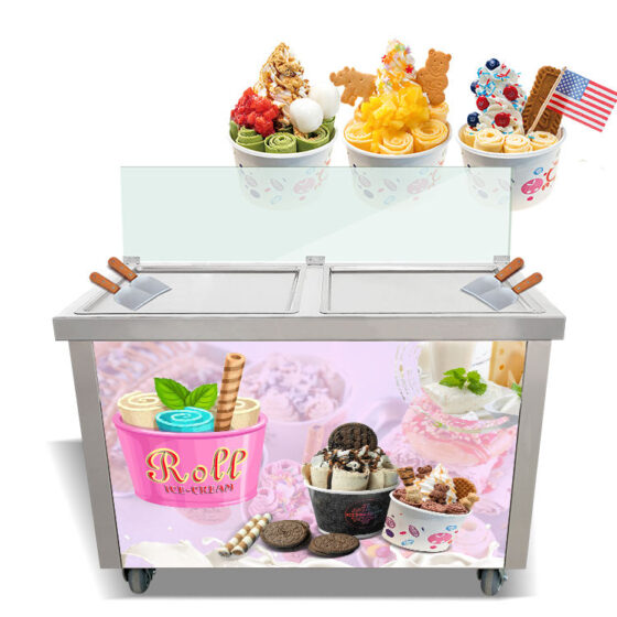 High Efficiency Double Square Pan Fried Ice Cream Machine with Baffle Plate Rolled Ice Cream Maker Fry Ice Cream Roll Machine