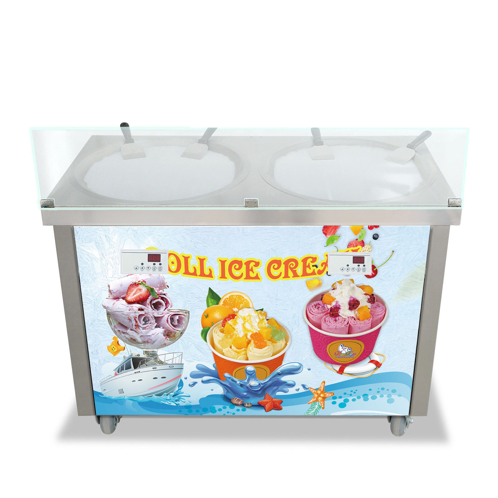 New Double Round Pan Fried Ice Cream Machine Rolled Ice Cream Maker Fry Ice Cream Roll Machine - Fried Ice Cream Machine - 1