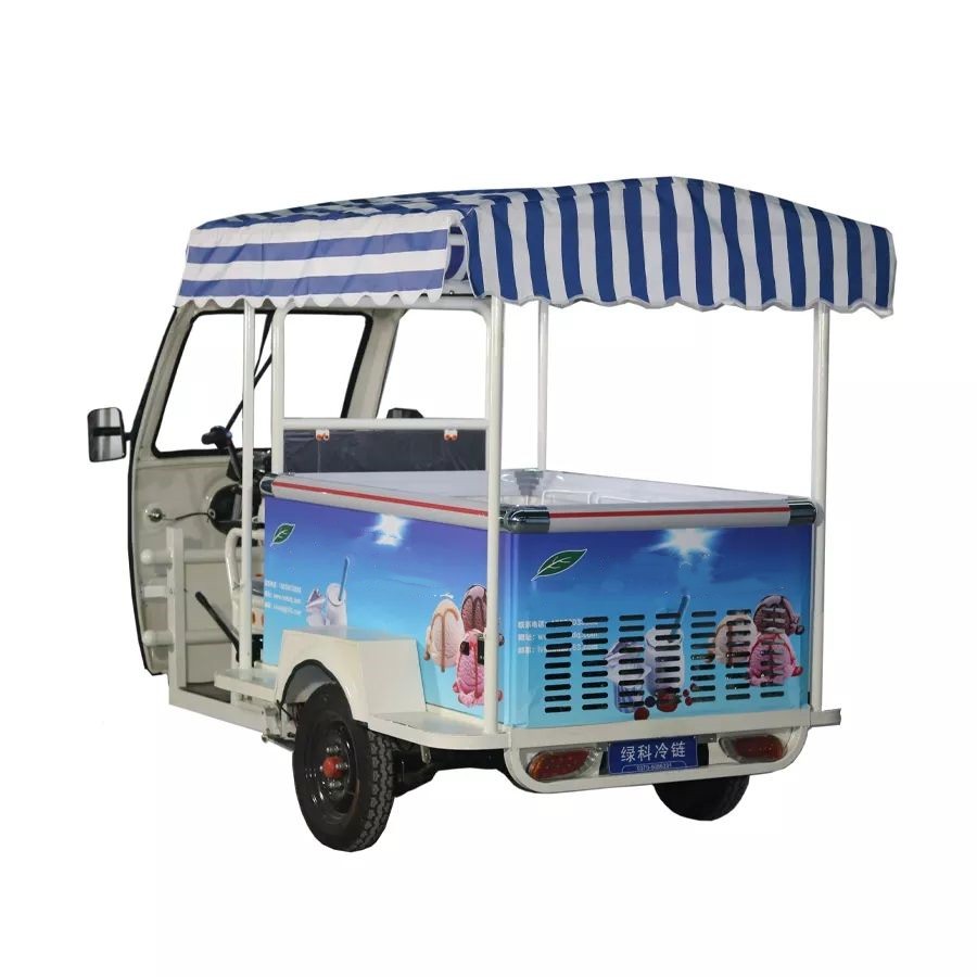 电动食品三轮车 3 轮子 移动食品 汽车出售 冰淇淋 热狗冰柜 机动三轮车 在沙滩上