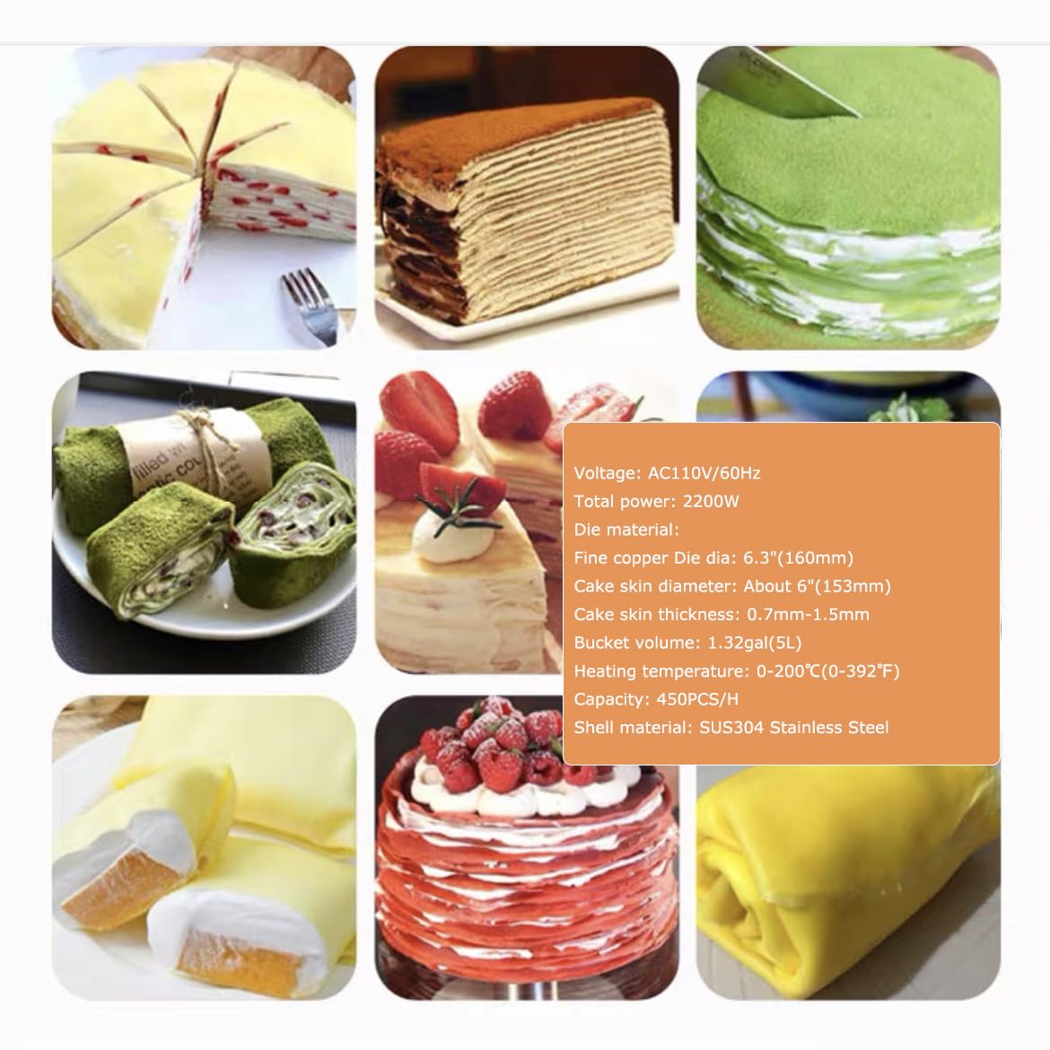 Pancake Wrapper Cake Machine Commercial Mille Crepe Cake Maker 6.3inch Layer Cake Making Machine Durian Mango Mille-feuille Maker 0.7mm-1.5mm Adjustable Thickness 110V 2.2KW - Cooked Tortilla Machine - 11