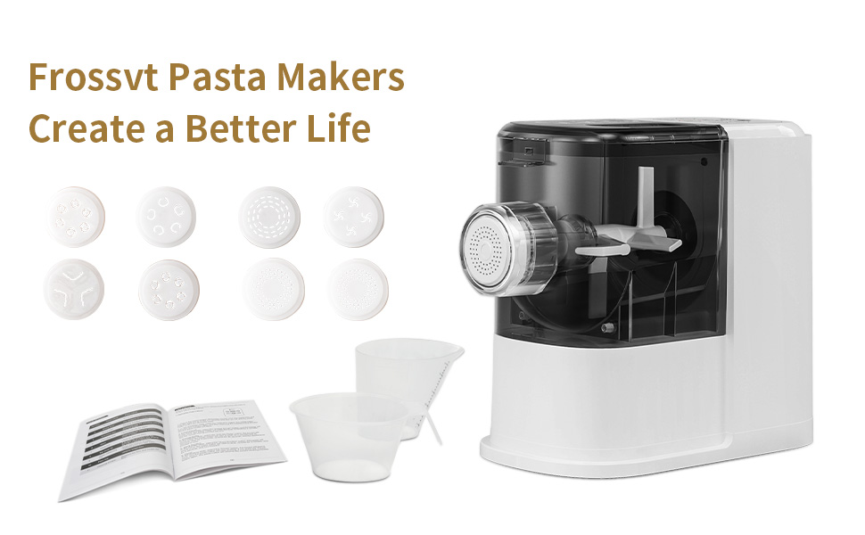 【Fresh Homemade Pasta in 10 Mins】 Frossvt electric pasta and noodle maker is fully automatic, you get fresh noodles in less than 10 纪要. You can easily have fresh tasty noodles anytime
【Makes 8 Different Pasta Varieties】 The electric noodle maker comes with 8 molds to make 8 different styles of pasta, such as thick noodles, long noodles, spaghetti, lasagna, macaroni, 等. Personalize your favorite noodles with different flavors and colors by adding the vegetable juice, eggs. Meet your family's different taste needs
【Easy to Use Control Panel】 Frossvt automatic noodle machine is very easy to use; Just add ingredients, select the "Quick Noodles" function, just need to wait for it to mix, knead and squeeze the flour
【Food-Grade Material & Easy to clean】 Noodle machine is made of food-grade plastic; Removable parts are easy to clean; TIPS: Put the shaping discs into the refrigerator for half an hour after that, a light poke with a needle to get a clean discs
【Quality Guarantee & Package Includes】 Frossvt provide 24 months warranty service and help solve any product questions. Package includes main machine, 8* pasta shaping discs, 1* lour cup, 1* water measuring cup, 1* cleaning scraper and manual